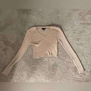 Stylish Beige V-Neck Ribbed Sweater